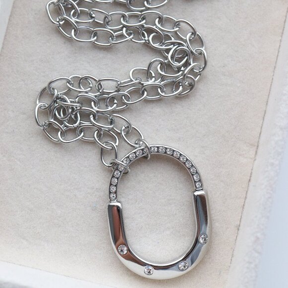 Silver Lock Style Design Pendant with CZ Necklace Stainless Steel - Picture 2 of 4